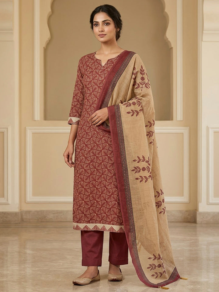 Maroon Tussar Printed Unstitched Dress Material