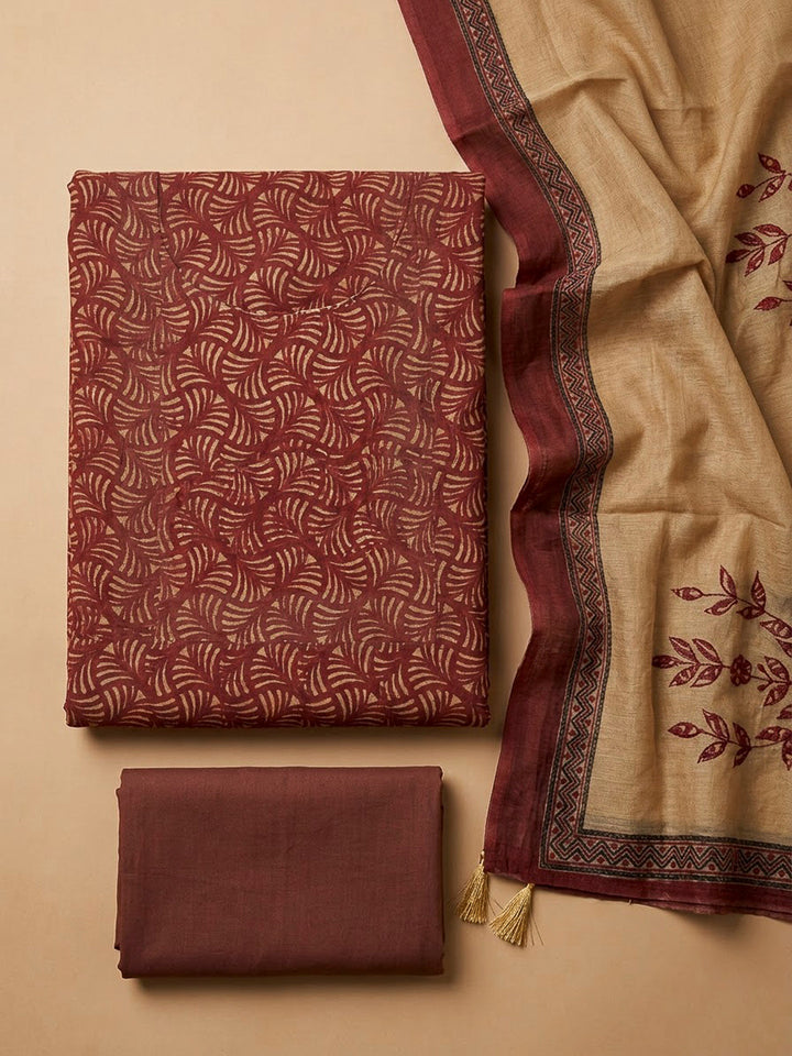 Maroon Tussar Printed Unstitched Dress Material