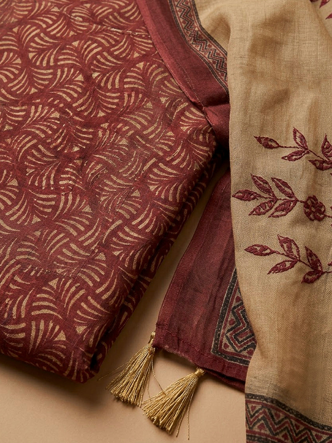 Maroon Tussar Printed Unstitched Dress Material