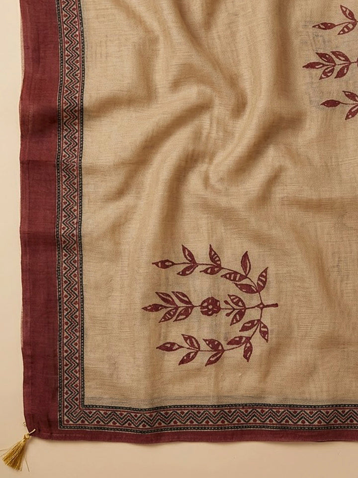 Maroon Tussar Printed Unstitched Dress Material