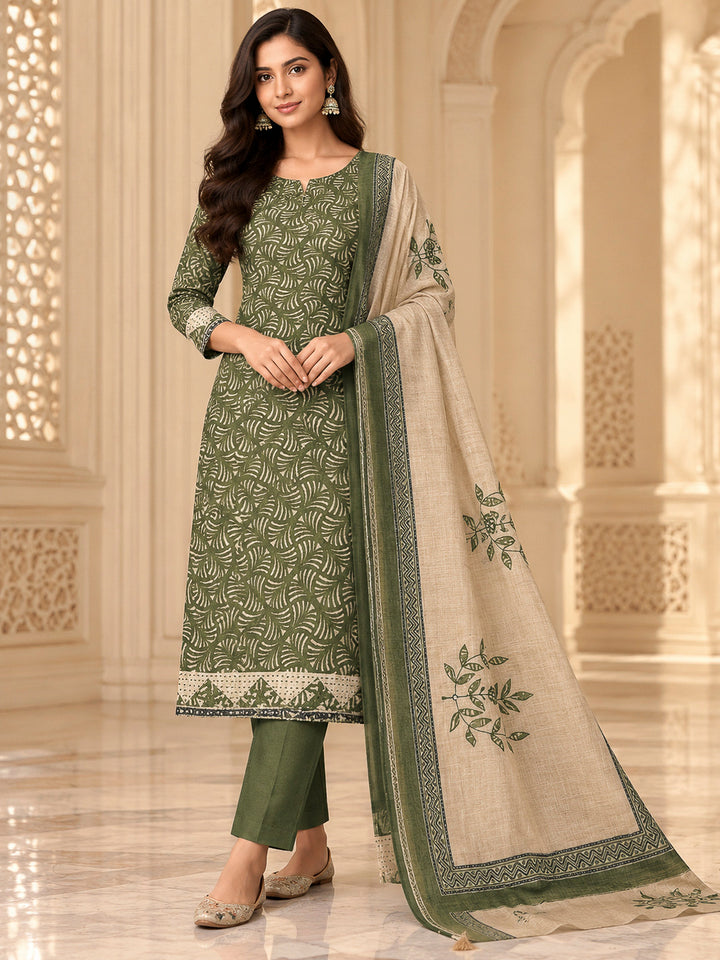 Mehndi Tussar Printed Unstitched Dress Material
