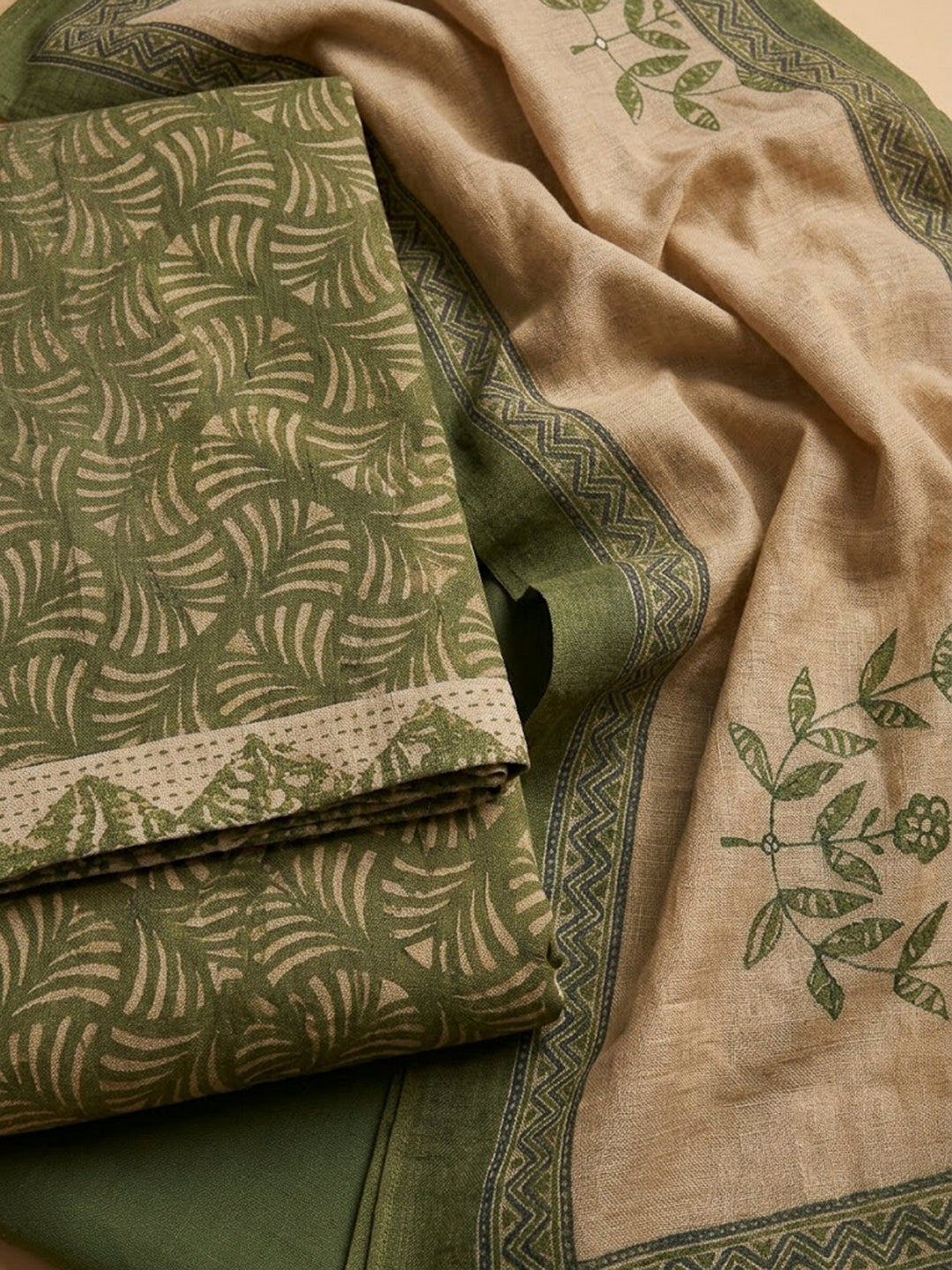 Mehndi Tussar Printed Unstitched Dress Material