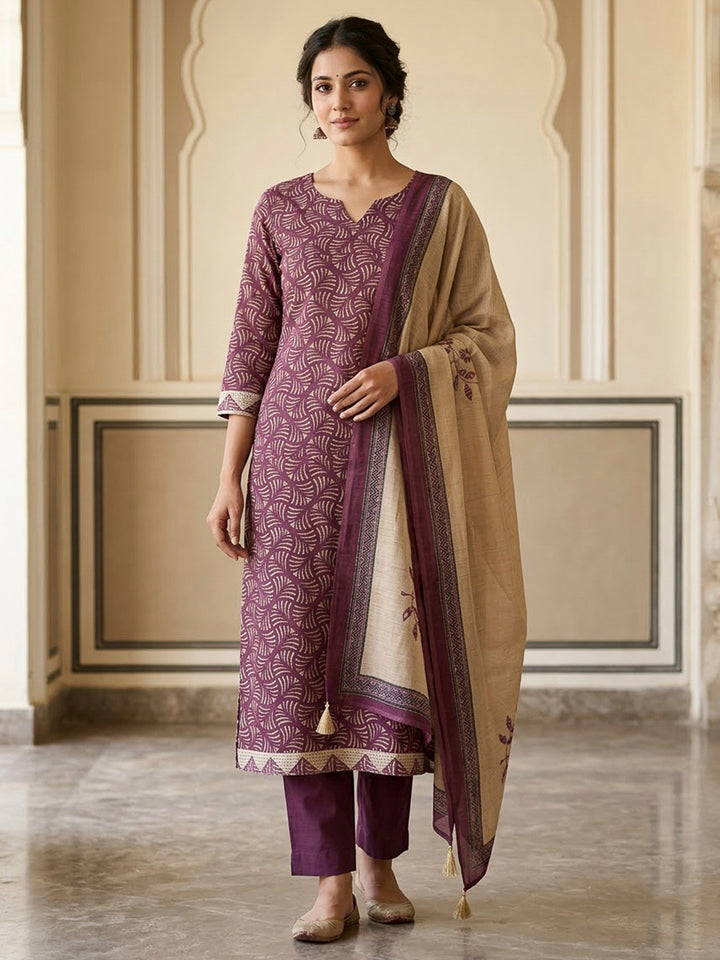 Purple Tussar Printed Unstitched Dress Material