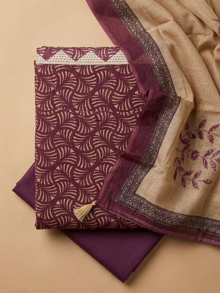 Purple Tussar Printed Unstitched Dress Material