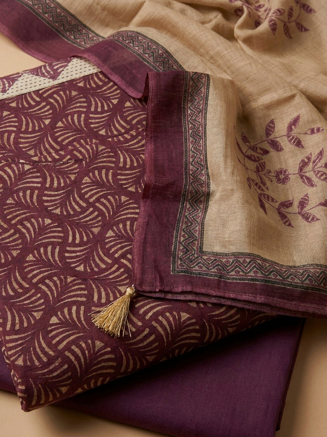 Purple Tussar Printed Unstitched Dress Material