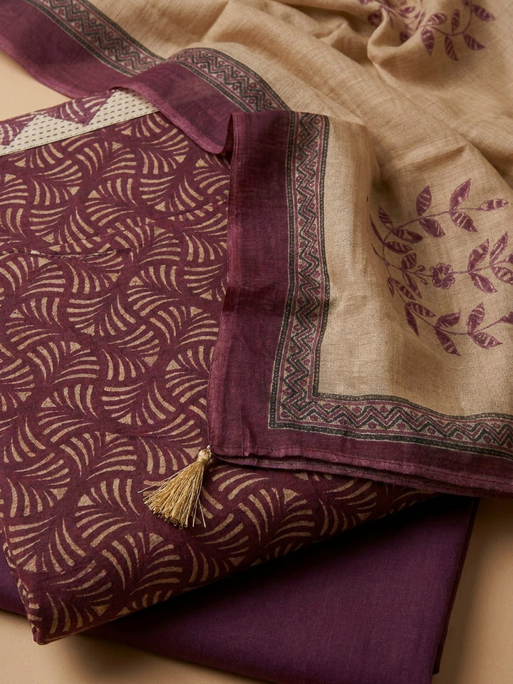 Purple Tussar Printed Unstitched Dress Material