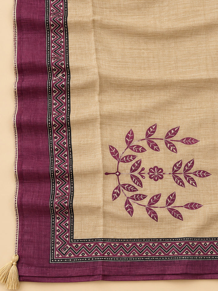 Purple Tussar Printed Unstitched Dress Material