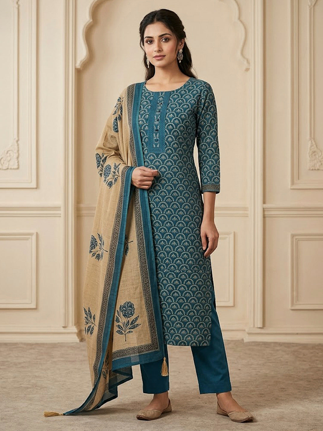 Blue Chanderi Printed Unstitched Dress Material