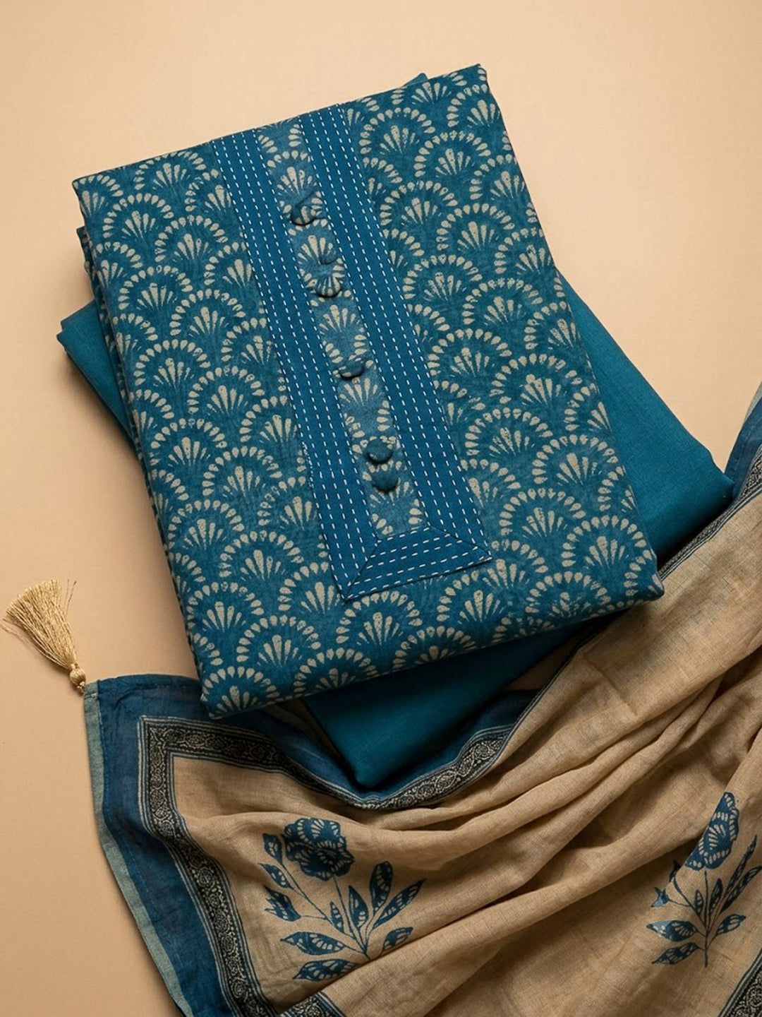 Blue Chanderi Printed Unstitched Dress Material