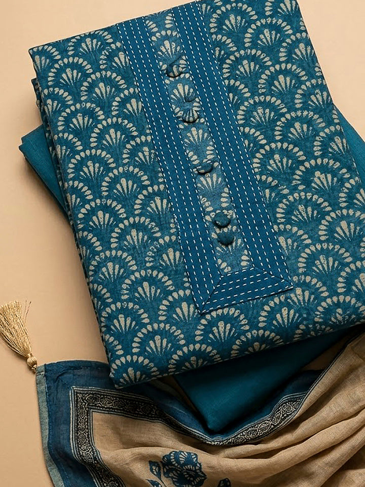 Blue Chanderi Printed Unstitched Dress Material