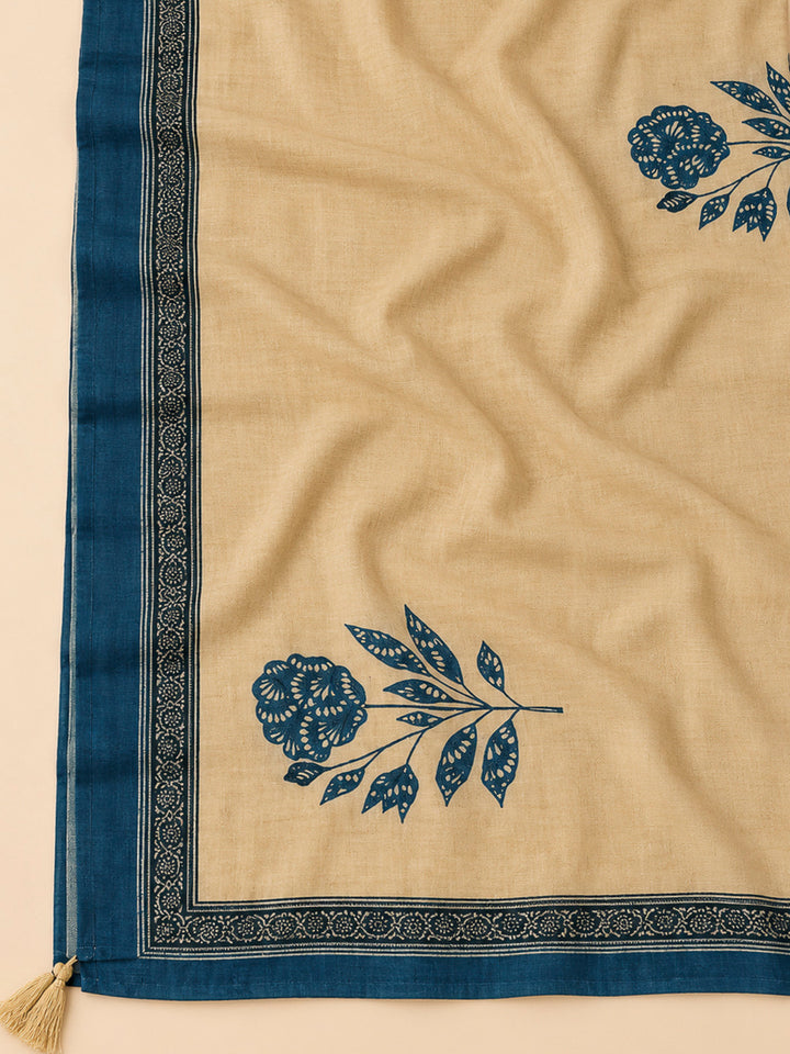 Blue Chanderi Printed Unstitched Dress Material