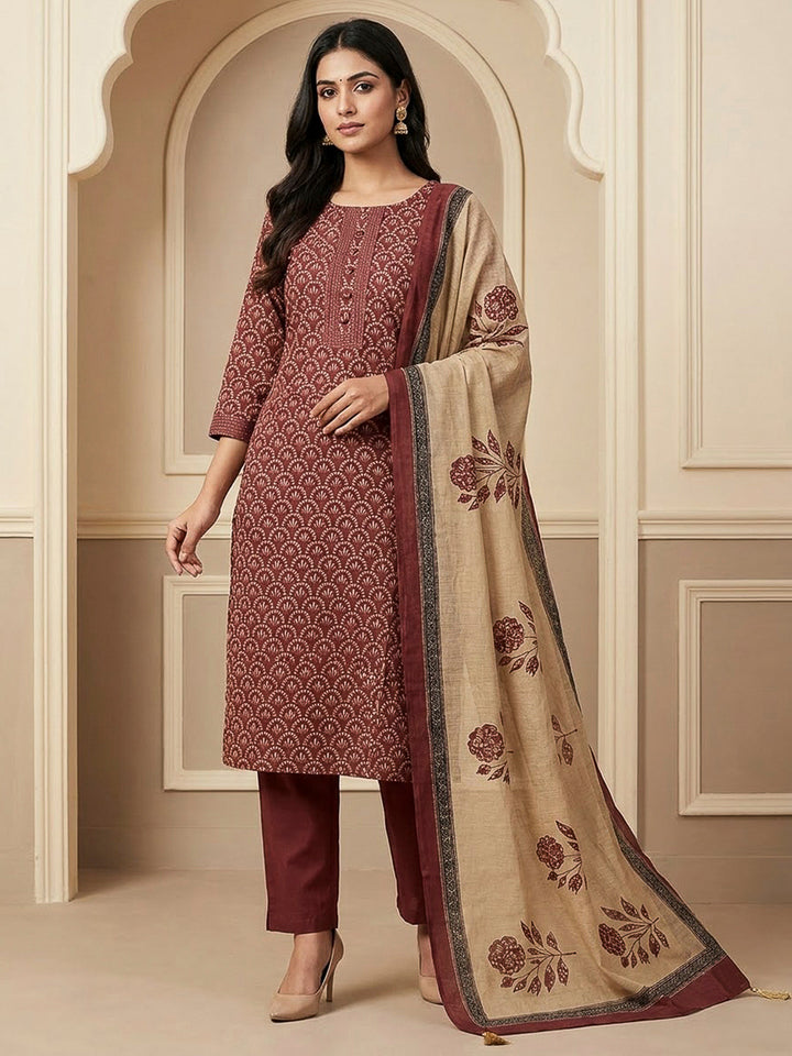 Maroon Chanderi Printed Unstitched Dress Material