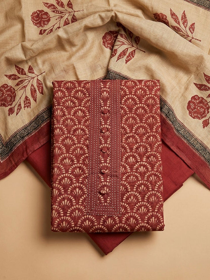 Maroon Chanderi Printed Unstitched Dress Material