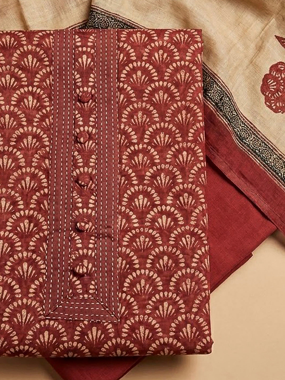 Maroon Chanderi Printed Unstitched Dress Material