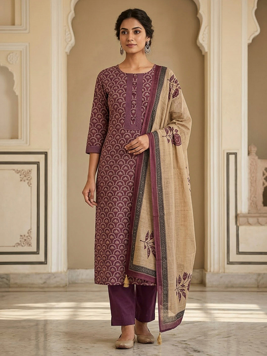 Wine Chanderi Printed Unstitched Dress Material