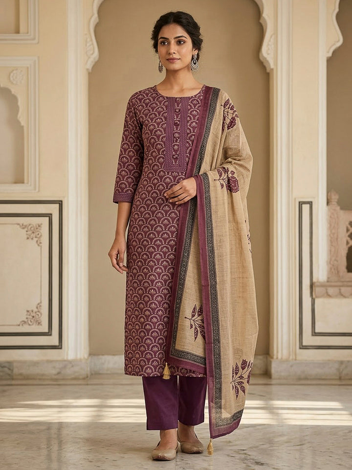 Wine Chanderi Printed Unstitched Dress Material