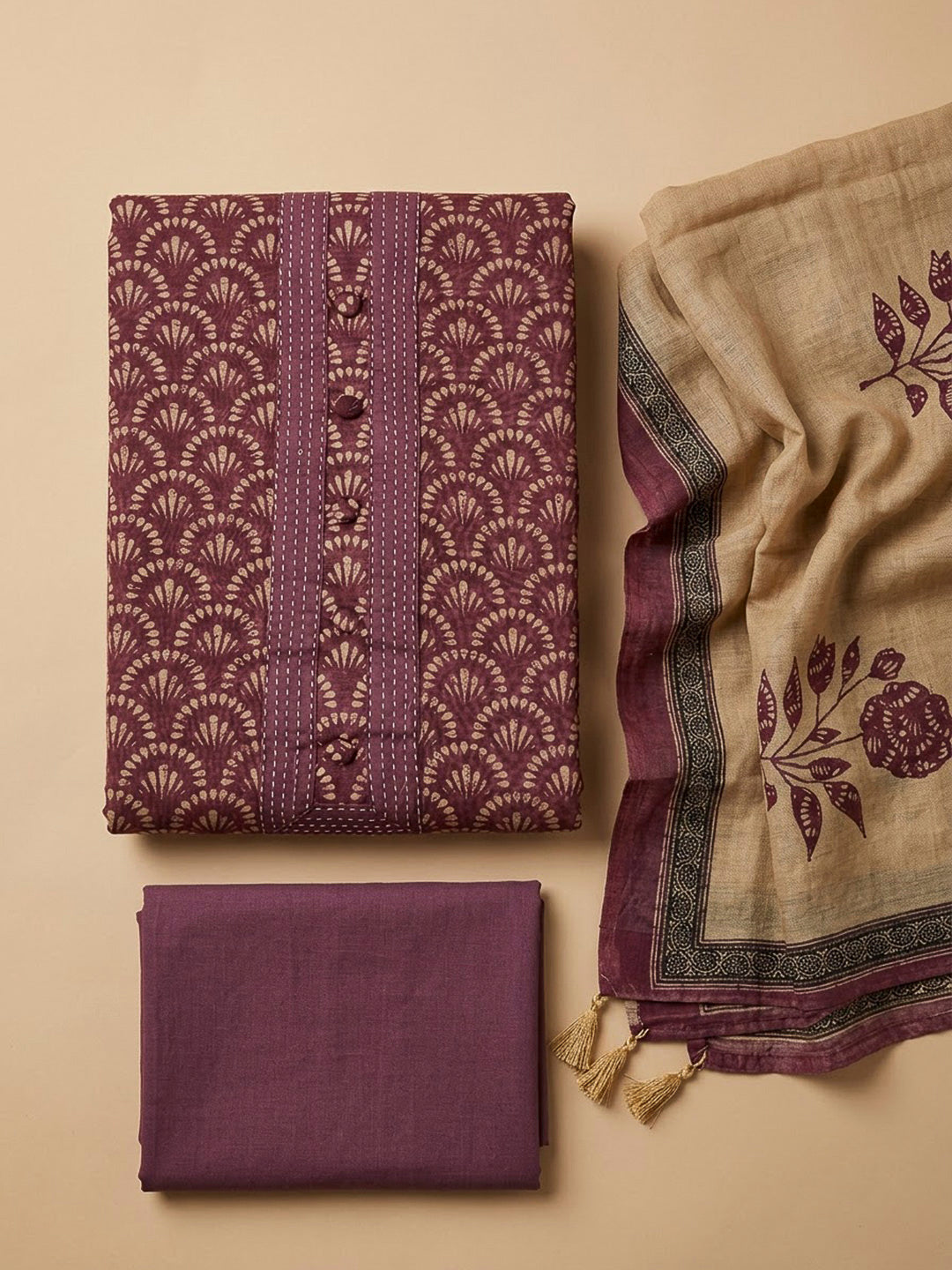 Wine Chanderi Printed Unstitched Dress Material