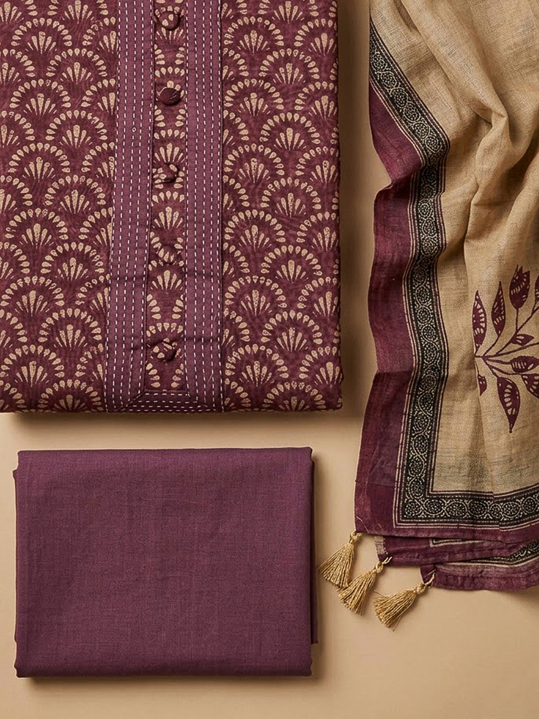 Wine Chanderi Printed Unstitched Dress Material