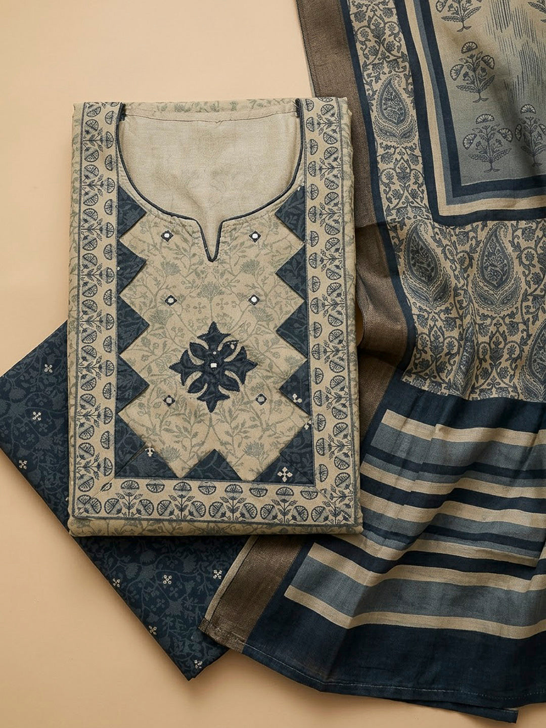 Grey Tissue Embroidered Unstitched Dress Material
