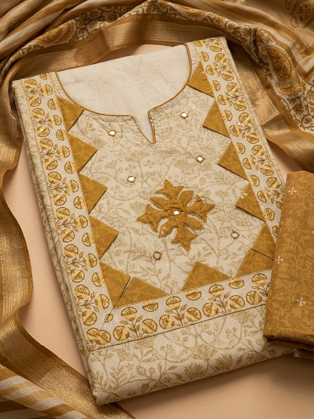 Mustard Tissue Embroidered Unstitched Dress Material