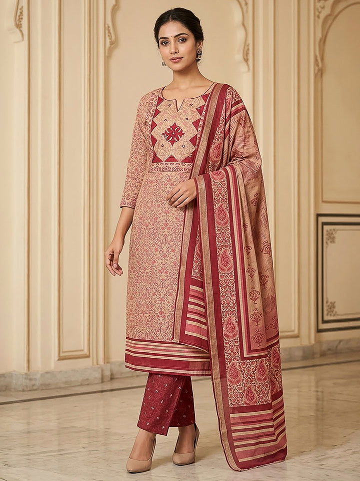 Red Tissue Embroidered Unstitched Dress Material