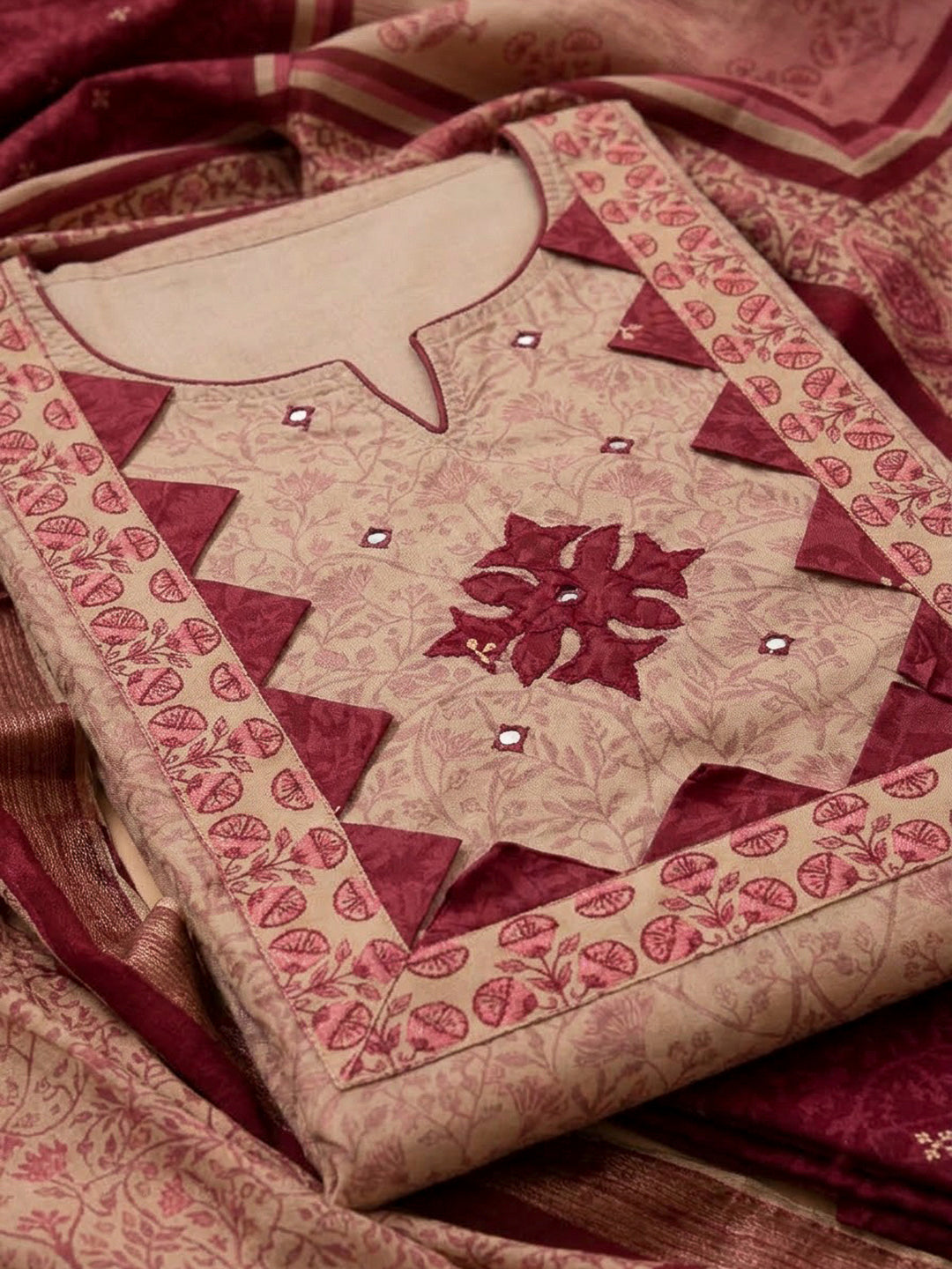 Red Tissue Embroidered Unstitched Dress Material