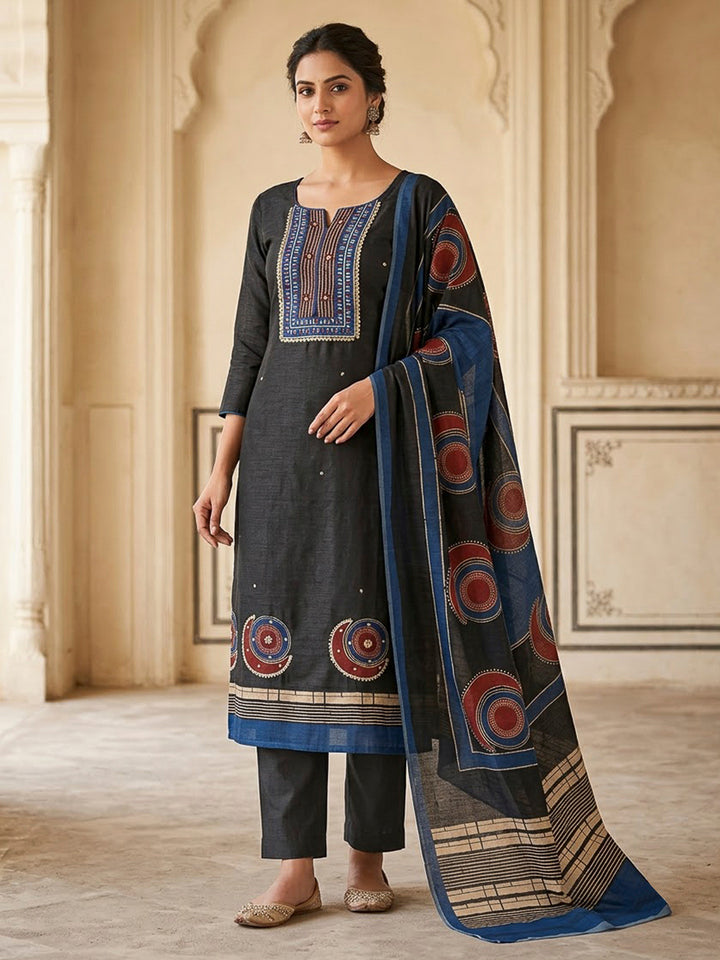 Black Chanderi Printed Unstitched Dress Material