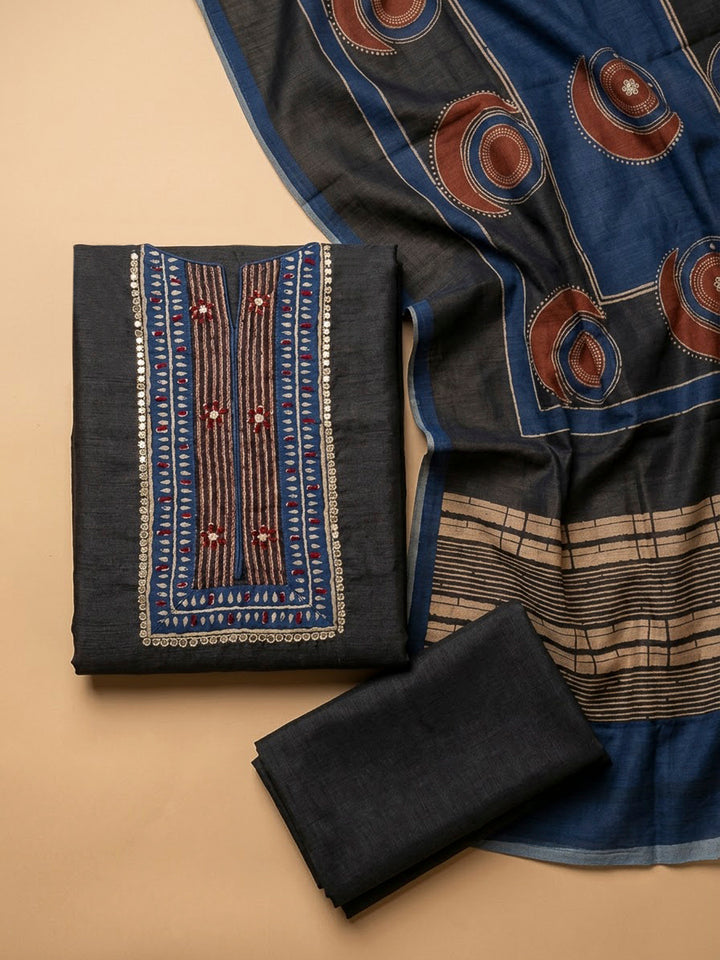 Black Chanderi Printed Unstitched Dress Material