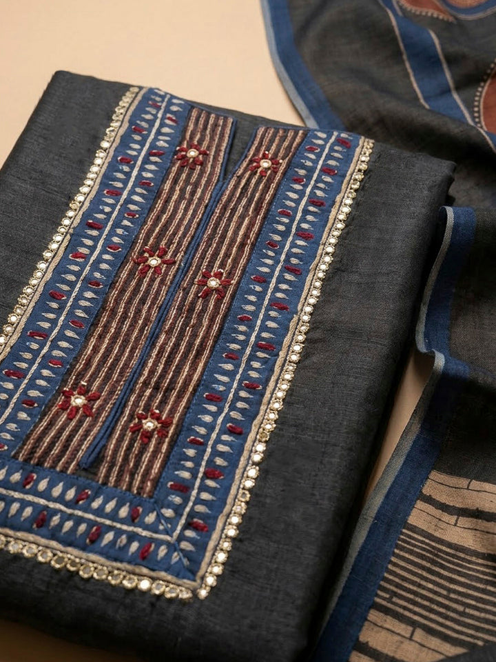Black Chanderi Printed Unstitched Dress Material