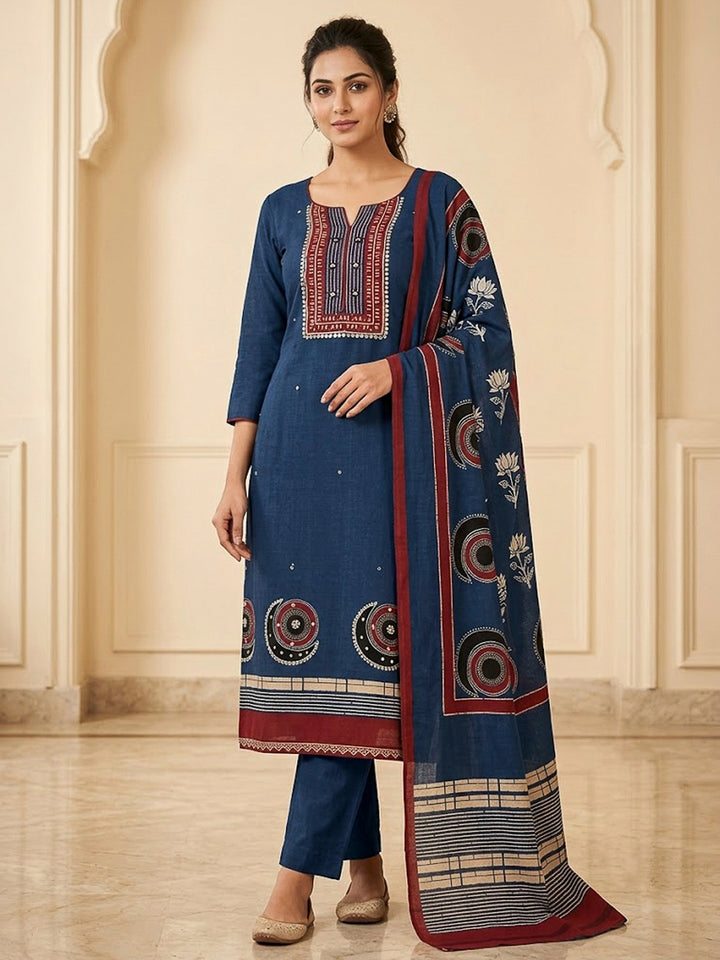 Blue Chanderi Printed Unstitched Dress Material