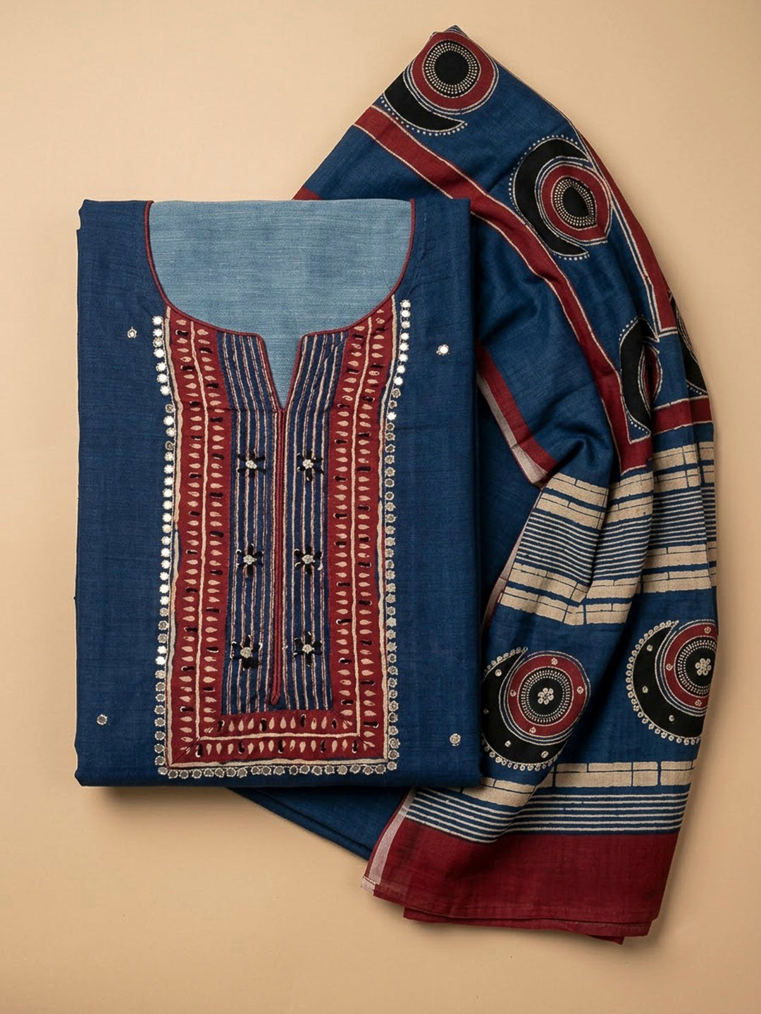 Blue Chanderi Printed Unstitched Dress Material