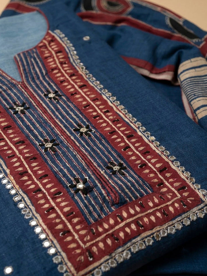 Blue Chanderi Printed Unstitched Dress Material