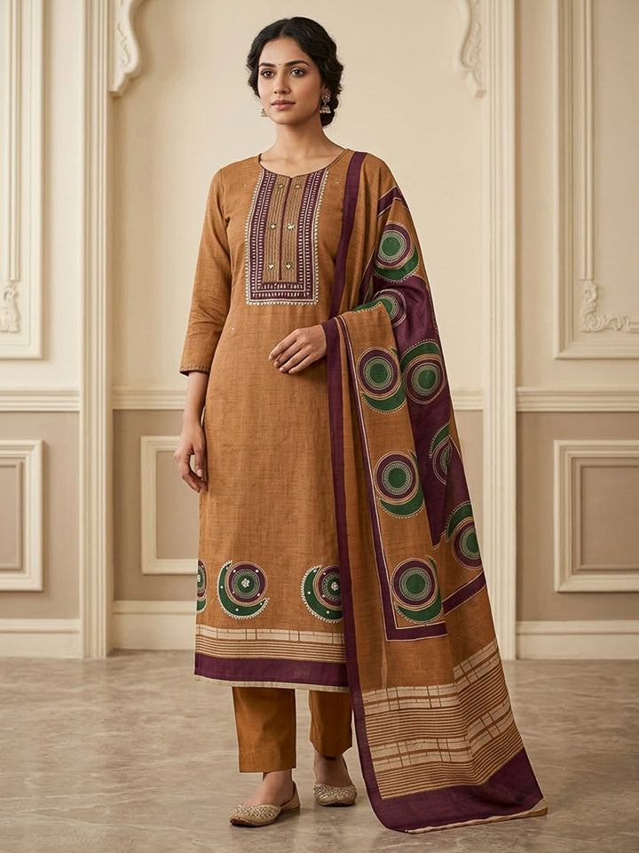 Mustard Chanderi Printed Unstitched Dress Material