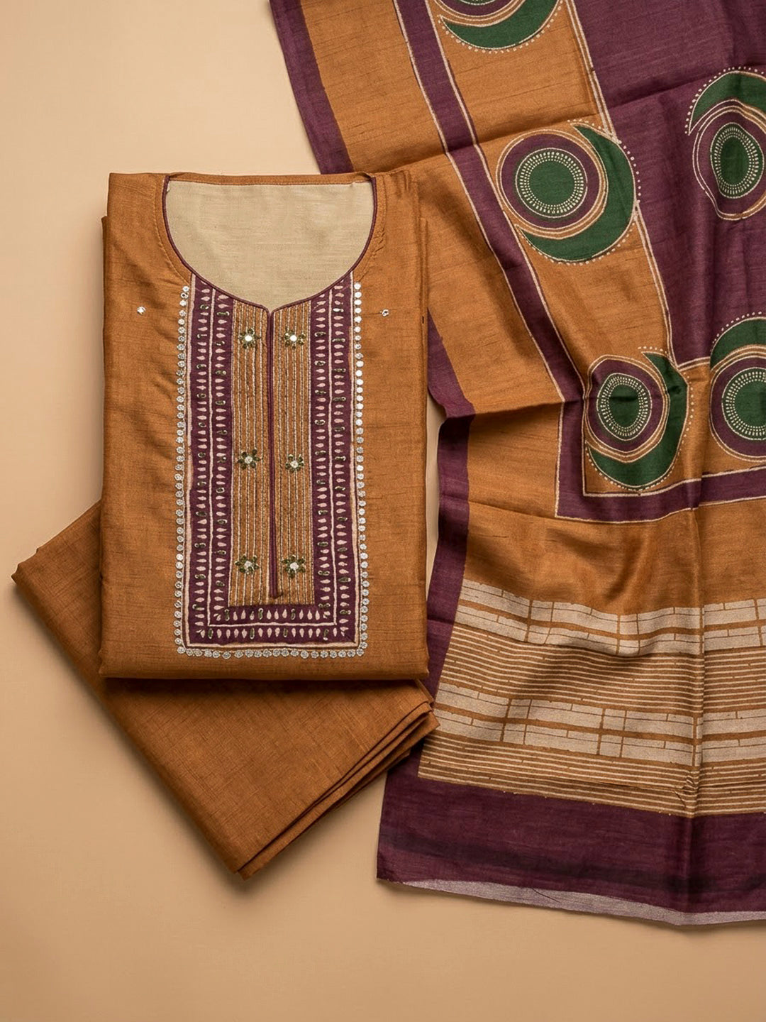 Mustard Chanderi Printed Unstitched Dress Material