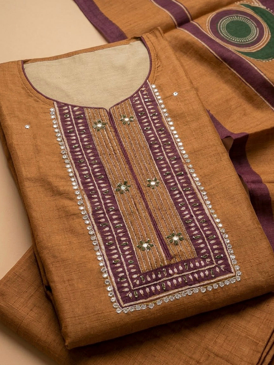 Mustard Chanderi Printed Unstitched Dress Material
