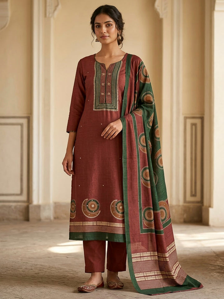Red Chanderi Printed Unstitched Dress Material