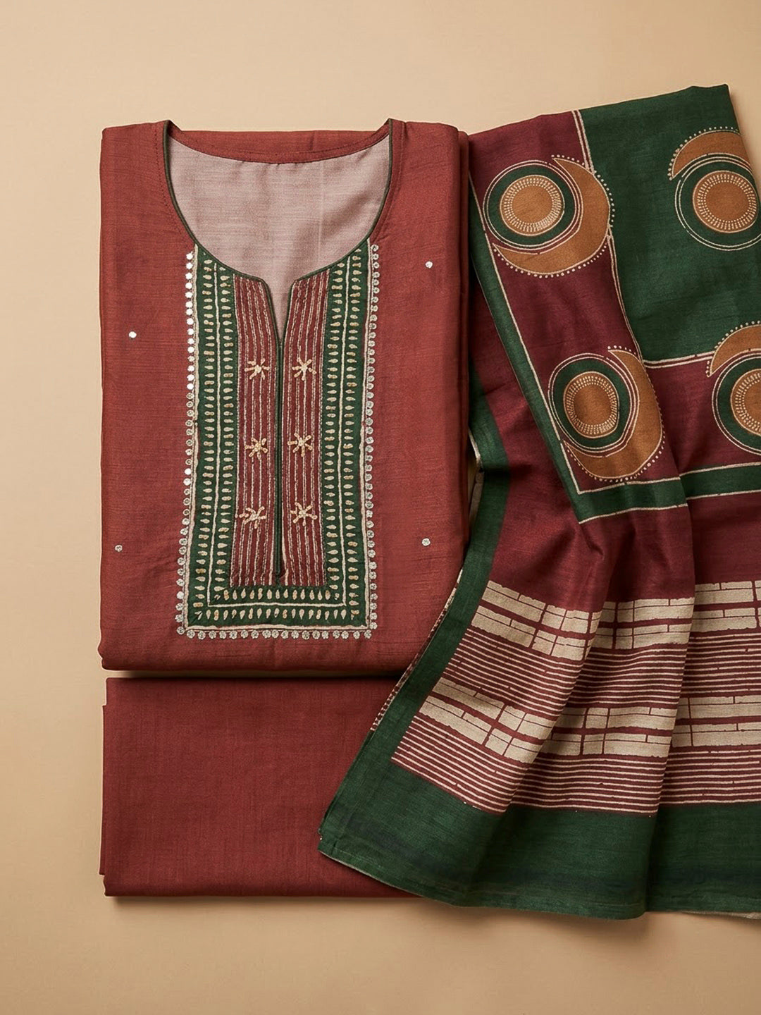 Red Chanderi Printed Unstitched Dress Material