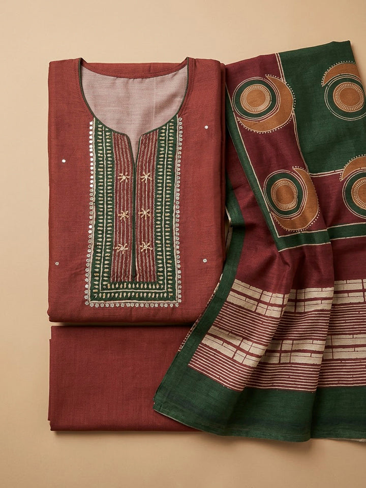 Red Chanderi Printed Unstitched Dress Material