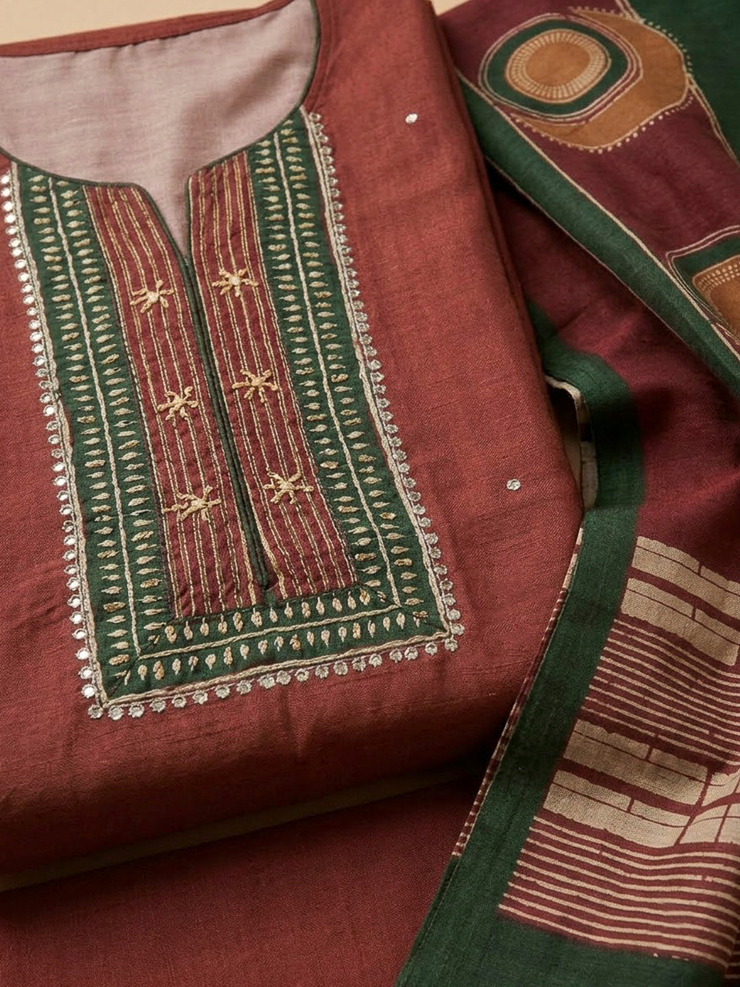 Red Chanderi Printed Unstitched Dress Material