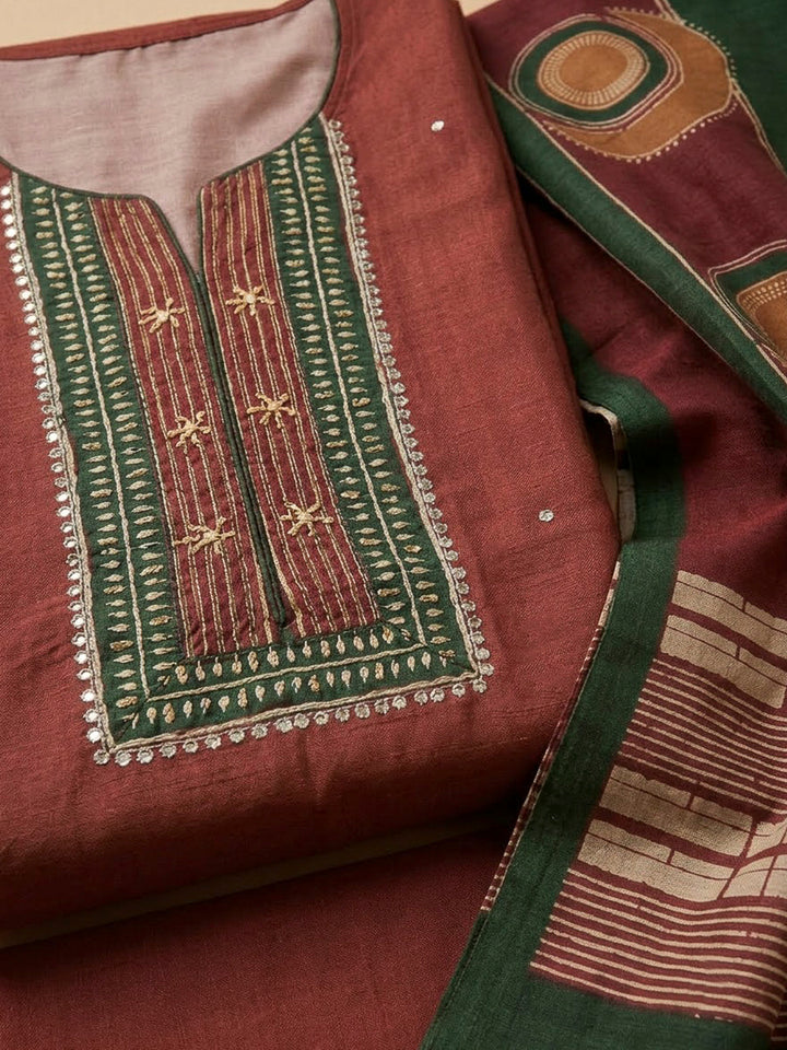 Red Chanderi Printed Unstitched Dress Material