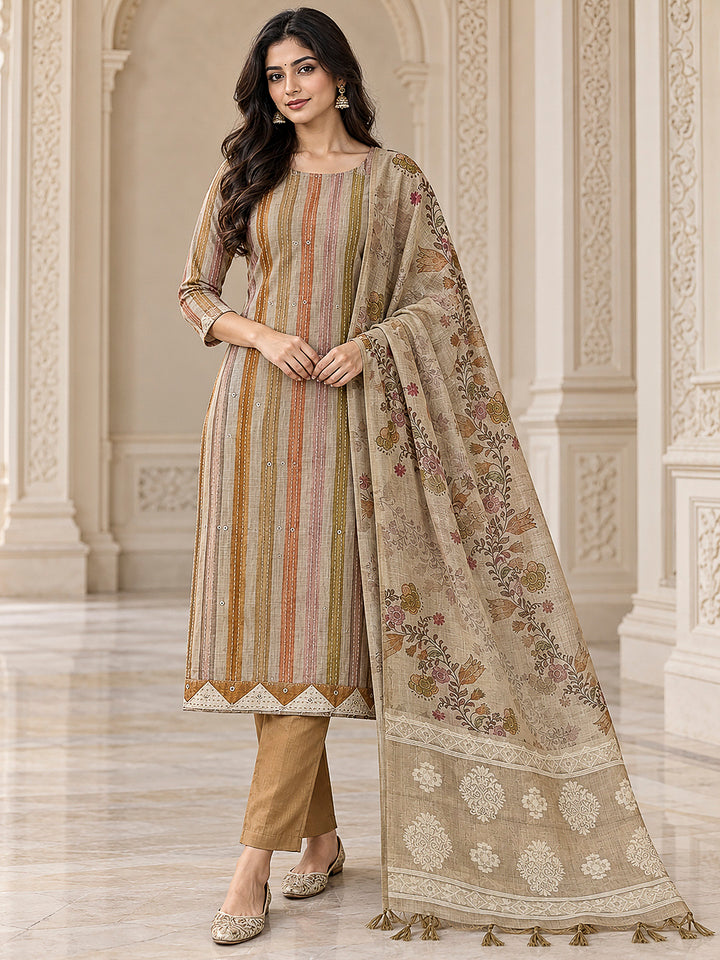 Mustard Chanderi Printed Unstitched Dress Material