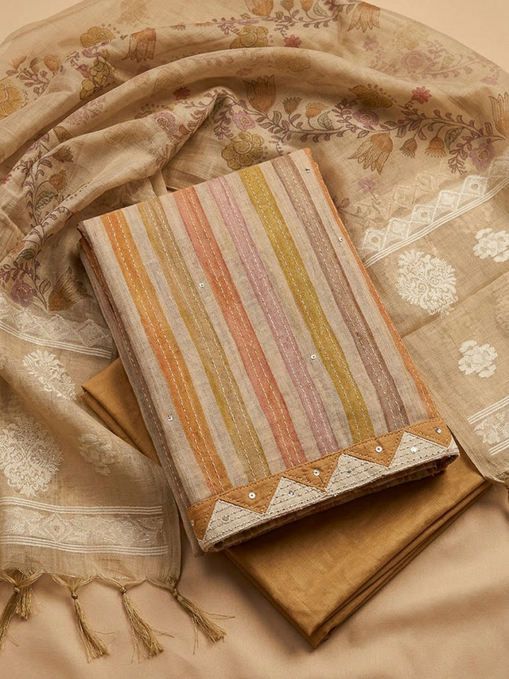 Mustard Chanderi Printed Unstitched Dress Material