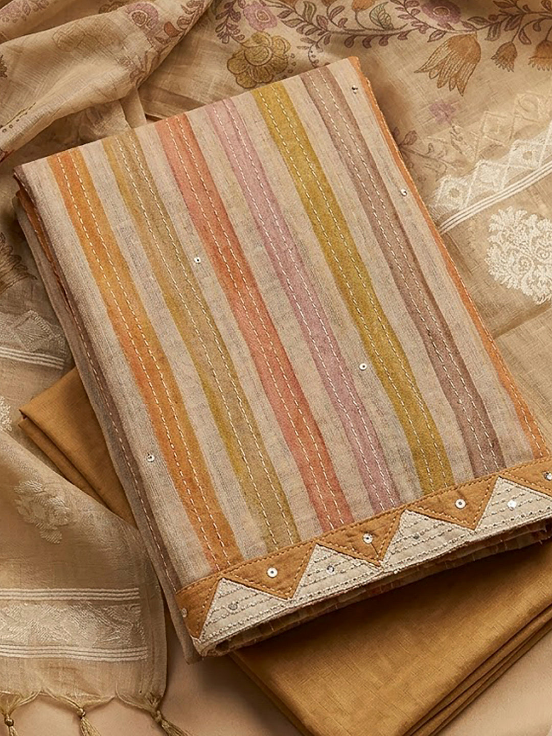 Mustard Chanderi Printed Unstitched Dress Material