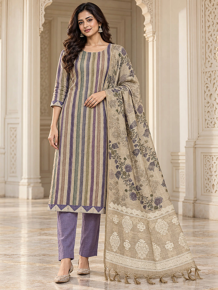 Purple Chanderi Printed Unstitched Dress Material