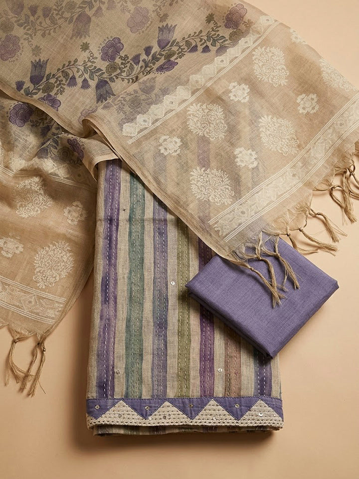 Purple Chanderi Printed Unstitched Dress Material