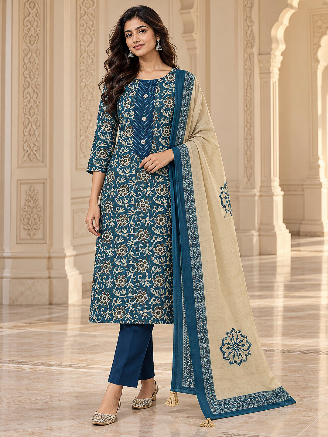 Blue Chanderi Embroidered Unstitched Dress Material