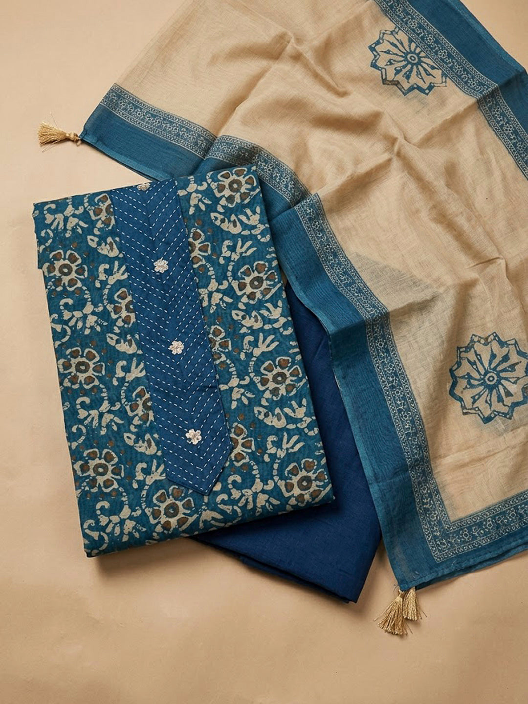 Blue Chanderi Embroidered Unstitched Dress Material
