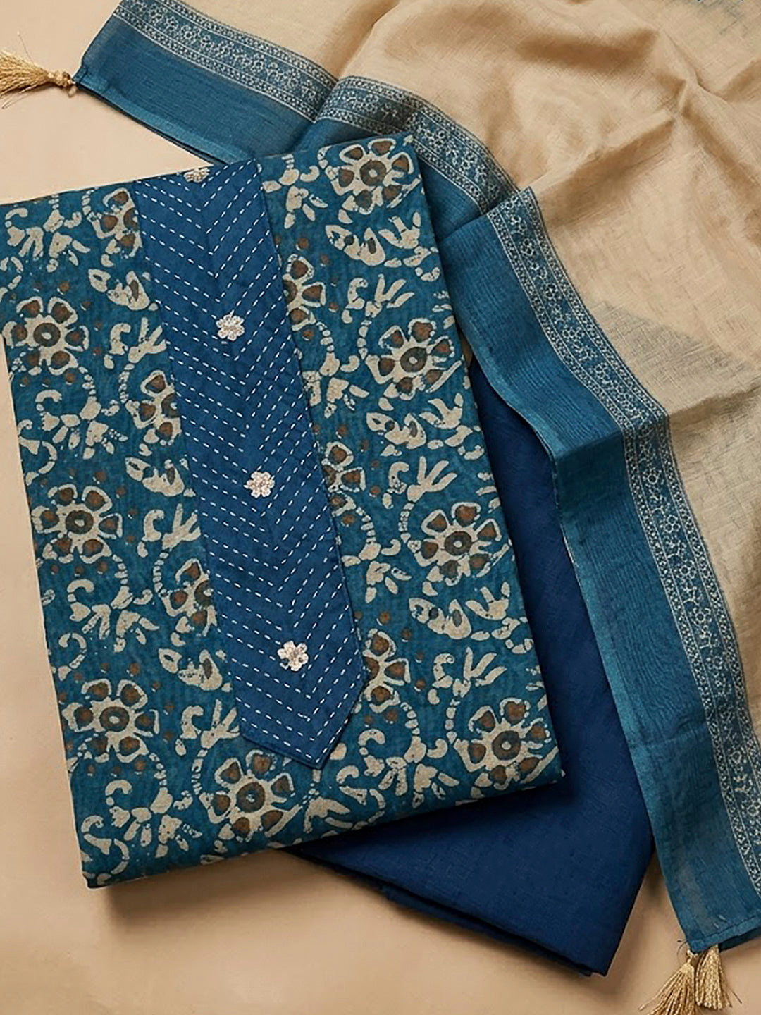 Blue Chanderi Embroidered Unstitched Dress Material