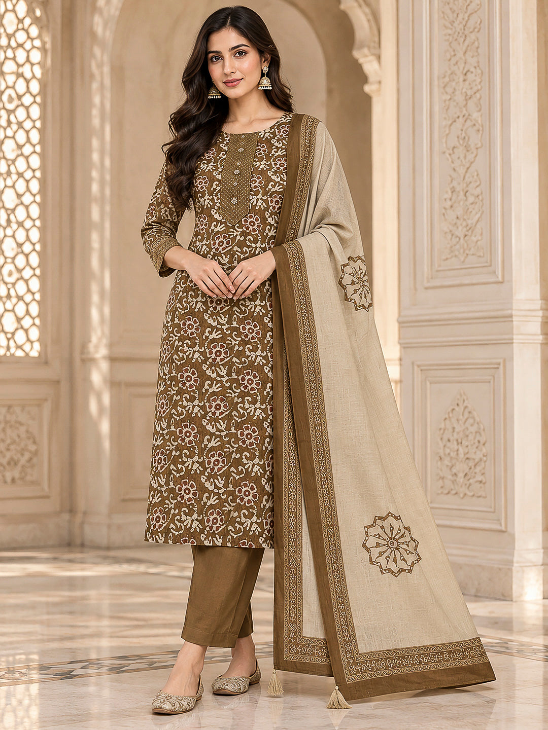 Brown Chanderi Embroidered Unstitched Dress Material