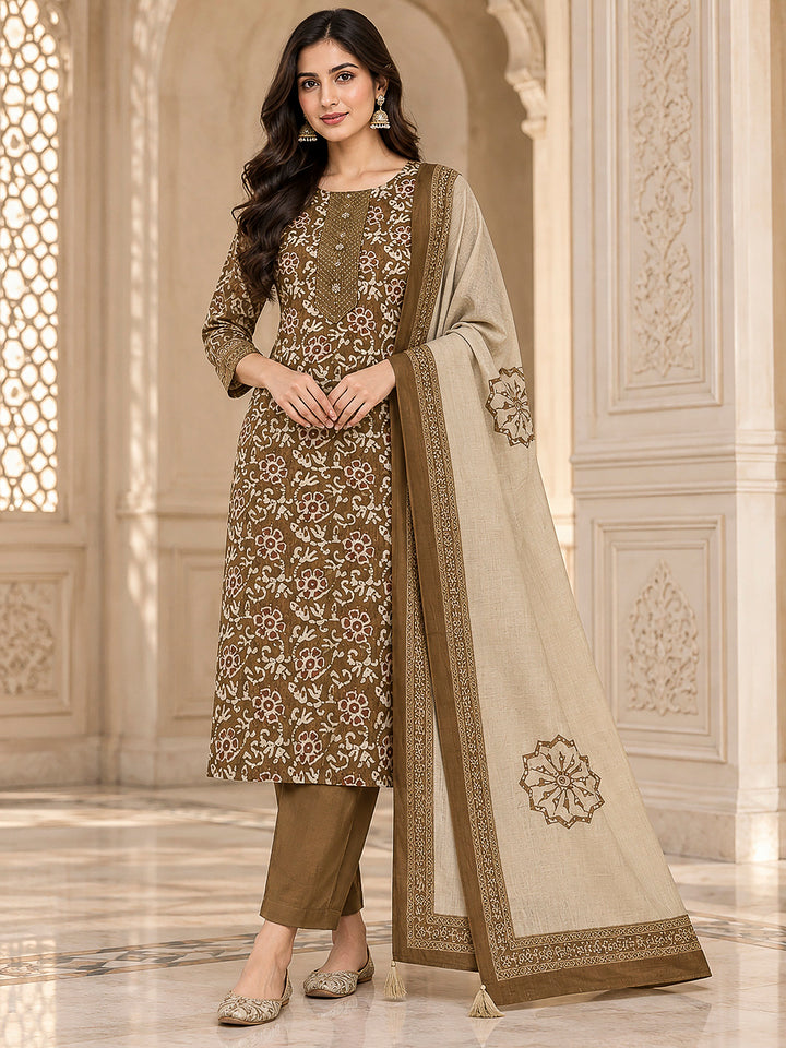 Brown Chanderi Embroidered Unstitched Dress Material